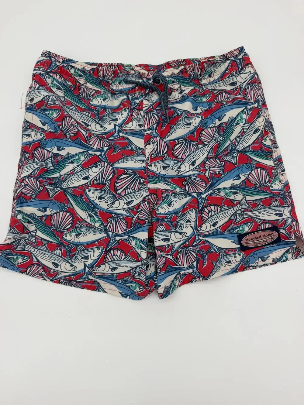 Vineyard Vines chappy swim trunk red blue fish boys 7